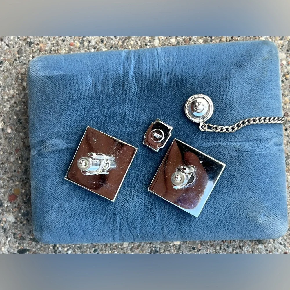 🔹Vintage Set of Genuine Sodalite Cufflinks & Matching Tie Tack — Blue / Silver